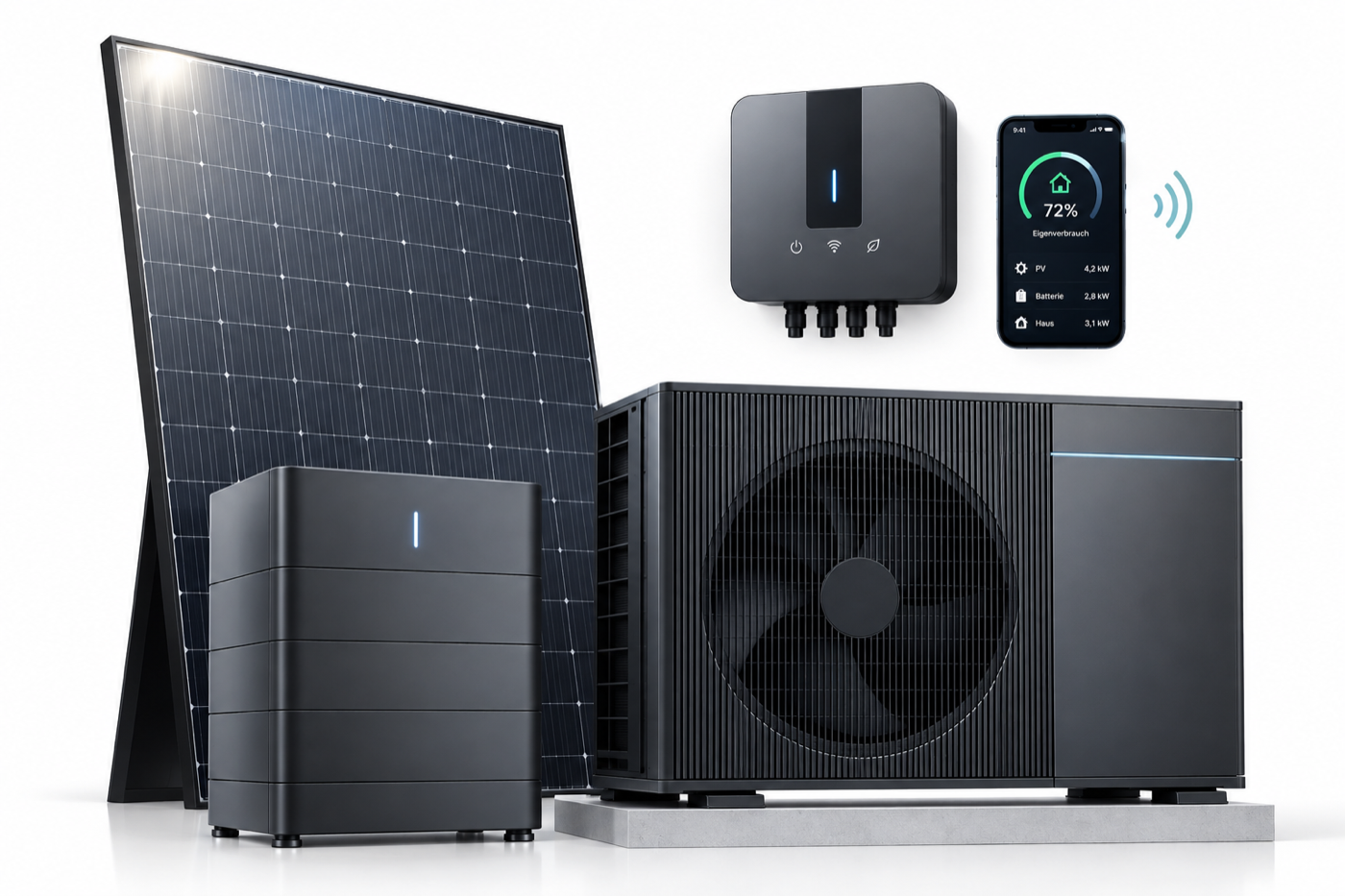 solar0 Komplettpaket: Solarmodul, Stromspeicher, Wechselrichter, Wärmepumpe und die App mit 72 Prozent Eigenverbrauch